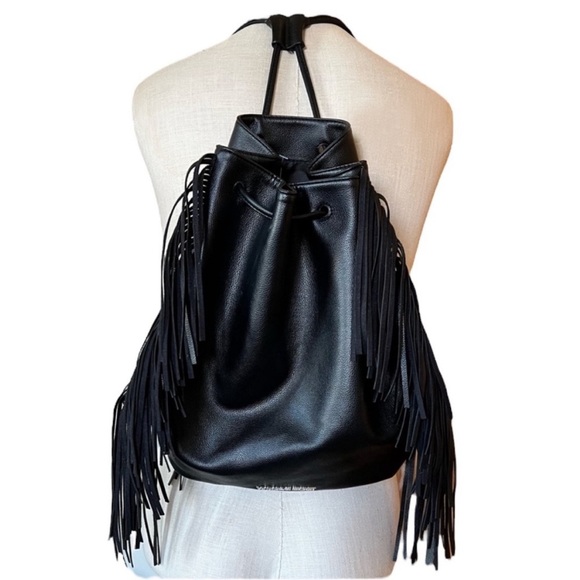 Victorias Secret Black Adjustable Backpack Fringe Boho Festival Concert - Picture 1 of 6